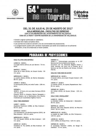 PROGRAMACIÓN DE LAS PELÍCULAS DEL 54º CURSO - 2017 HOJA DE PROGRAMACIÓN DE LAS PELÍCULAS DEL 54º CURSO - 2017